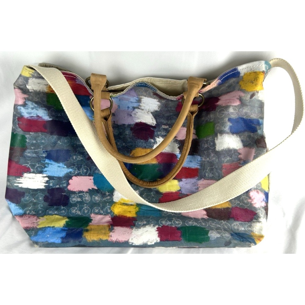 Taliah Lempert Bicycle Print RARE Waxed Canvas Tote Bag Satchel Leather Bike